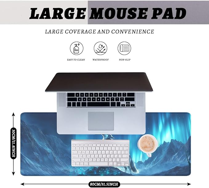 Howling Wolf Desk Pad Mouse Pad Northern Lights Full Moon Aurora Large Gaming Mouse Mat with Stitched Edges,Non-Slip Waterproof Rubber Base Mous Mat 31.5"x11.8"