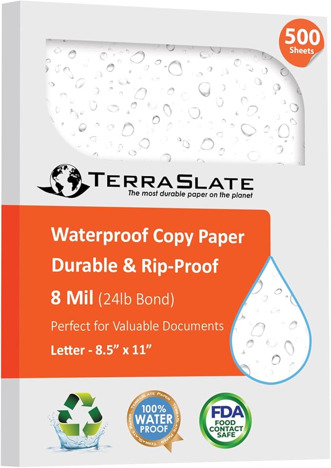 TerraSlate Premium Waterproof Printer Paper, 8 MIL 8.5 x 11 Inches, Durable & Heavy-duty paper (500 Sheets)