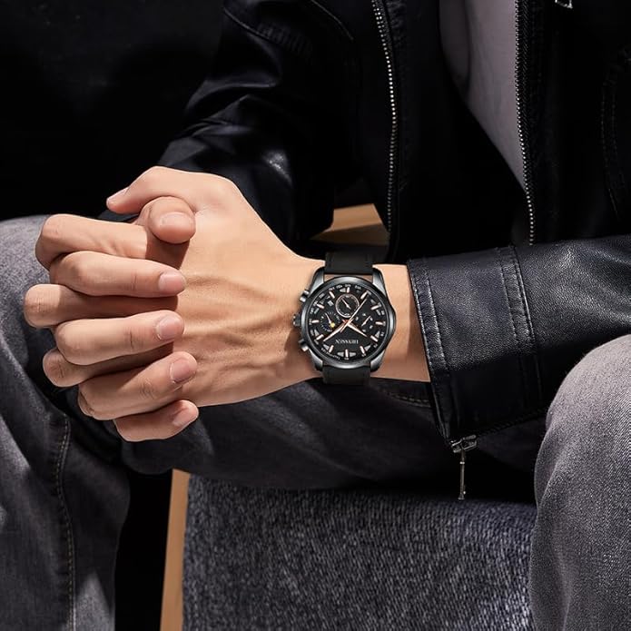 Watches for Men Chronograph Analog Luminous Quartz Watch Blue Black Luxury Genuine Leather Mens Watches Business Sports Waterproof Wristwatch Elegant Gift for Him
