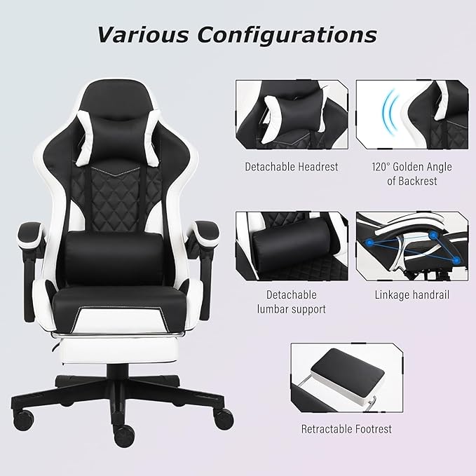 Gaming Chair, Computer Gaming Chairs with Footrest, Linkage Armrests and Lumbar Support, High Back Ergonomic Office Chair for Adults, Big and Tall Desk Chair(Blackwhite)