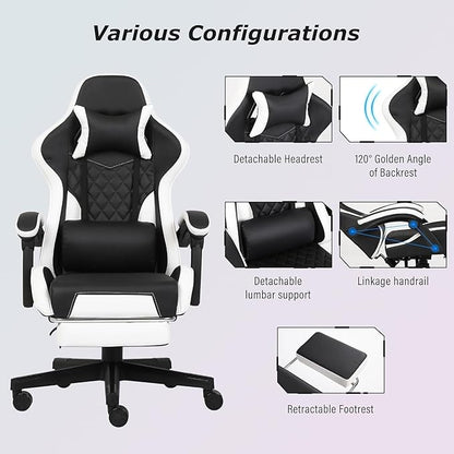 Gaming Chair, Computer Gaming Chairs with Footrest, Linkage Armrests and Lumbar Support, High Back Ergonomic Office Chair for Adults, Big and Tall Desk Chair(Blackwhite)