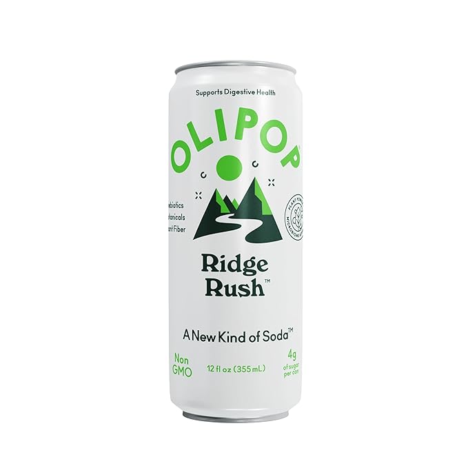 OLIPOP Sparkling Prebiotic Soda, Ridge Rush, Pantry Pack Packed with Prebiotics, Fiber, and Botanicals, Gluten Free, Vegan, GMO Free, 12oz Skinny Can (12 Pack)