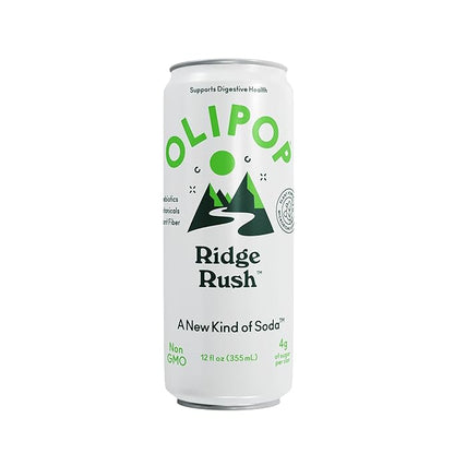 OLIPOP Sparkling Prebiotic Soda, Ridge Rush, Pantry Pack Packed with Prebiotics, Fiber, and Botanicals, Gluten Free, Vegan, GMO Free, 12oz Skinny Can (12 Pack)