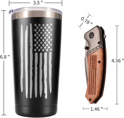 American Flag Gifts Set For Men, 20 oz Travel Coffee Tumbler & Mug With Pocket Knife, Unique Patriotic Military Gifts For Veterans, Police, Fathers Day, Christmas, Birthday, Valentine, Thanksgiving