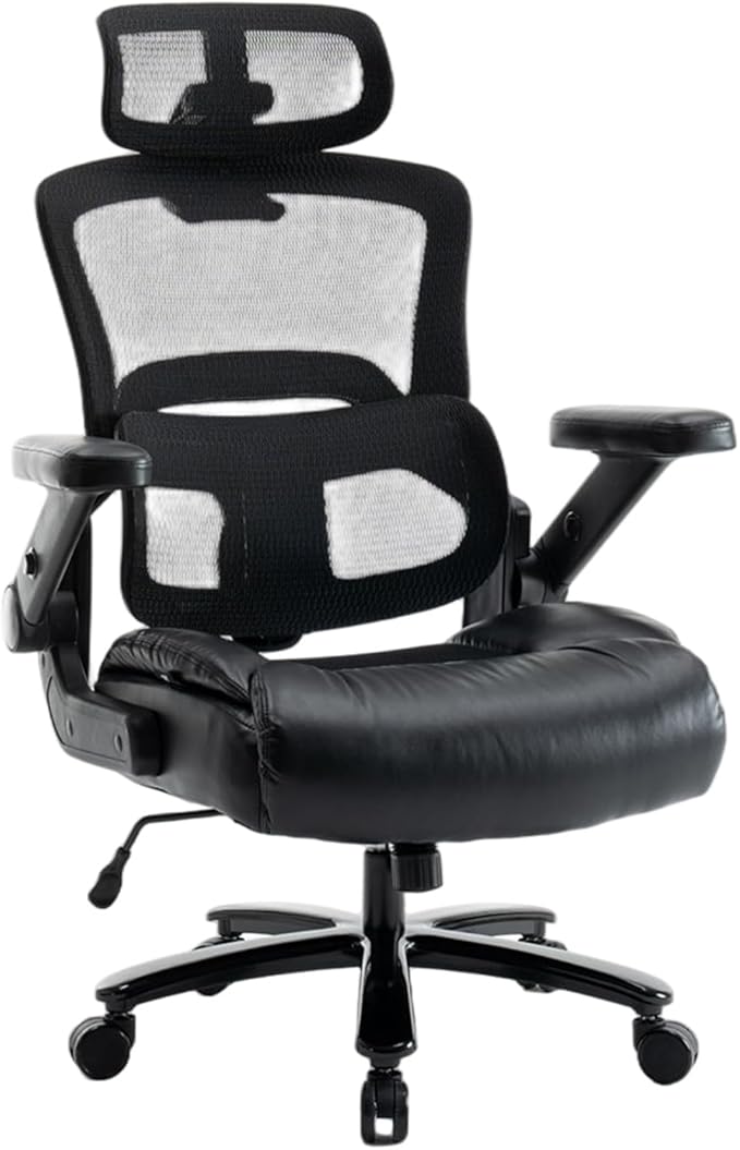 Ergonomic Office Chair with Flip-Up Arms, Mesh Back, Adjustable Headrest, Padded Seat Cushion, Lumbar Support, High Back Desk Chair for Home Office – 330lbs Capacity