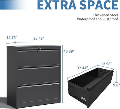 File Cabinets 3 Drawer,Metal Office Storage Filing Cabinet with Lock,Black Lateral Filing Cabinet for Home Office,Horizontal Locking File Cabinets for Legal/Letter/A4,Assembly Require,Black