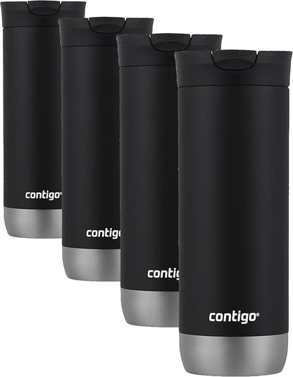 Contigo Huron Vacuum-Insulated Stainless Steel Travel Mug,16oz Licorice - Leak-Proof Lid for Hot/Cold Beverages,Fits Most Cup Holdersand Brewers,(Pack of 4)