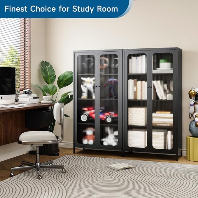 63'' Kitchen Pantry Storage Cabinet, Metal Display Cabinet with Glass Door and 3 Adjustable Shelves, Kitchen Hutch Storage Cabinet for Dining Room, Living Room, Assemble Required (Black)