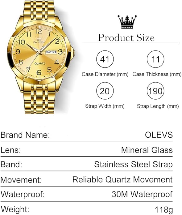 Men's Casual Stainless Steel Watch, Big Face Easy to Read Analog Quartz Watch with Day and Date, Classic Waterproof Diamond Roman Arabic Numerals Dial Dress Watch for Men, Gold Silver Black Band