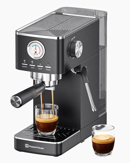 Maestri House Espresso Machines 20 Bar ULKA Pump, Compact Espresso Maker Built-in Flow Meter Steam Milk Frother, 43oz Removable Water Tank Stainless Steel Coffee Machine for Cappuccino (Black)