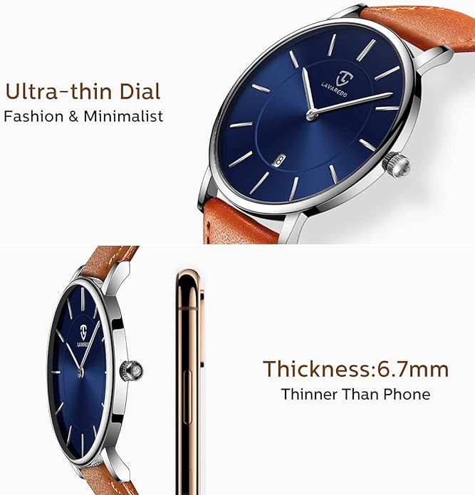L LAVAREDO Watch for Men, Extremely Thin Mens Watches Minimalist Analog Men's Leather Wrist Watches with Time/Date, Birthday Gift for Men Boyfriend