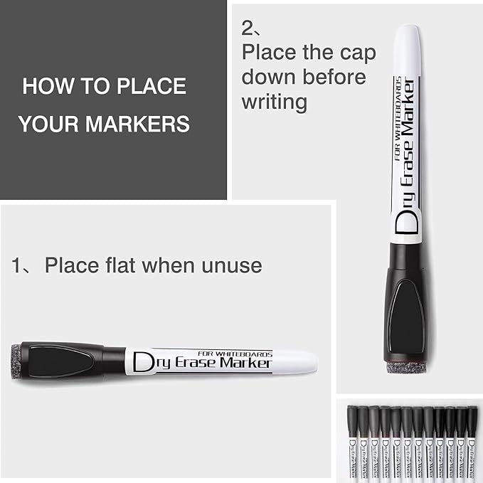 Volcanics Magnetic Dry Erase Markers With Eraser Low Odor Fine Tip Whiteboard Markers White Board Pens for Office Home and School, Pack of 90, Black