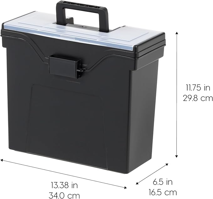 IRIS USA Slim Portable Letter/Legal File Tote Box, 4 Pack, BPA-Free Plastic Storage Bin with Organizer-Lid, Durable, Secure Lid and Handle, Black