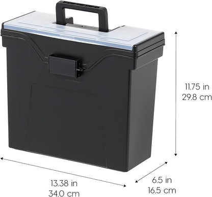 IRIS USA Slim Portable Letter/Legal File Tote Box, 4 Pack, BPA-Free Plastic Storage Bin with Organizer-Lid, Durable, Secure Lid and Handle, Black