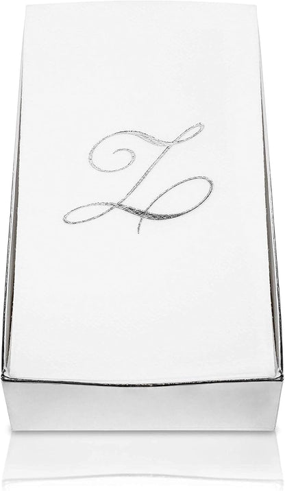 AMERICAN HOMESTEAD Disposable Hand Towels - Silver Foil Monogrammed Guest Napkins - Linen-Like Bathroom Paper Towels for Guests - Perfect Wedding and Party Napkins - 50 Count (Silver M)