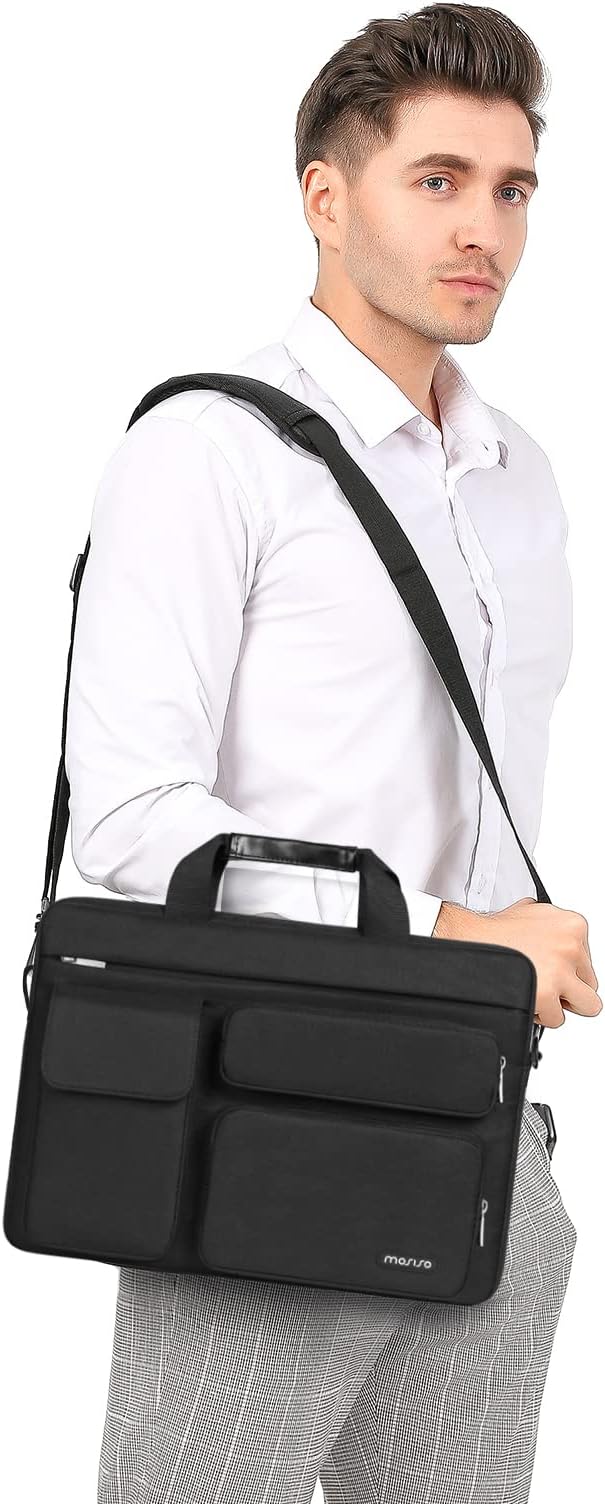 MOSISO Laptop Shoulder Bag 13.3 inch, 13-14 inch Computer Bag Compatible with MacBook Air/Pro 13 / Pro 14, HP Dell ASUS Lenovo with 2 Raised&1 Flapover&1 Horizontal Pocket&Handle&Belt, Black