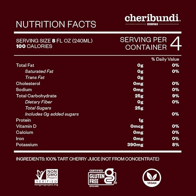 Cheribundi 100% Tart Cherry Juice Pure | Unsweetened Tart Cherry Juice | Athletes Recovery Drink | Promotes Restorative Sleep, Muscle Recovery & Boosts Athletic Performance | 32 floz (6 Pack)