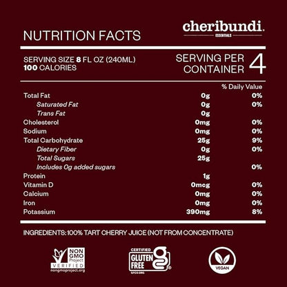 Cheribundi 100% Tart Cherry Juice Pure | Unsweetened Tart Cherry Juice | Athletes Recovery Drink | Promotes Restorative Sleep, Muscle Recovery & Boosts Athletic Performance | 32 floz (6 Pack)
