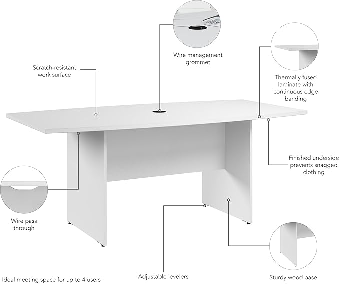 Bush Business Furniture 72-inch Office Conference Table with Wood Base, Boardroom Meeting Space for 6 Users, White