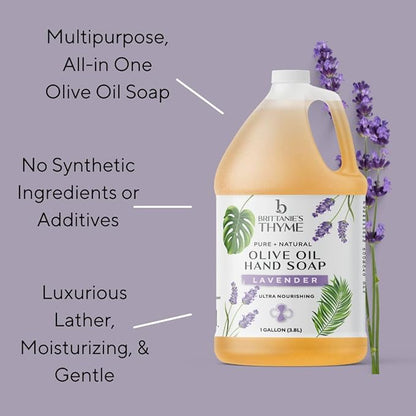Brittanie's Pure Organic Castile Liquid Olive Oil Soap Refill, Lavender, 1 Gallon | Face, Body Wash, Dishes, Pets & Laundry | Vegan & Gluten Free Non-GMO