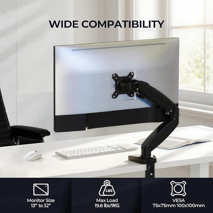 Single Monitor Arm Mount for 13-32 Inch Screens - Gas Spring Adjustable Stand with VESA 75x75/100x100, Clamp & Grommet Base, Holds Up to 20 lbs LCD Computer Monitors, Ergonomic Desk Mount