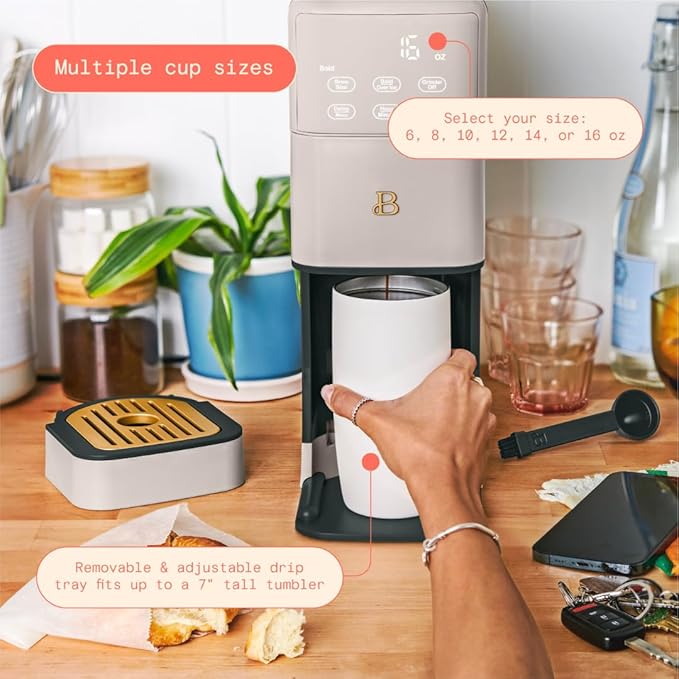 Beautiful Single Serve Coffee Maker with Built-In Burr Grinder, Hot or Iced, Pod-Free, 6 Brew Sizes, 3 Strengths, Touch Display, Reusable Filter, 64oz Reservoir, Slim Design (Porcini Taupe)