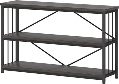 IBF Short Wide Horizontal Bookshelf, Industrial office Low 3 Tier Book shelf, Rustic Wide Vintage open Bookcase with Storage, Modern Grey Etagere for Home Office Living Room Bedroom, Gray Oak, 47 Inch