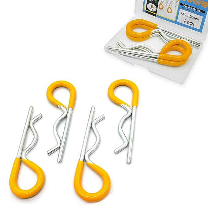 4Pcs Heavy Duty Hitch Pins Clip R Clips Spring Retaining Wire Hair Pins Cotter Pin Strong Spring Rubber-Coated Grip R Clip for Trailer Tractors Mower Carts Truck Pin Clip M4x90mm