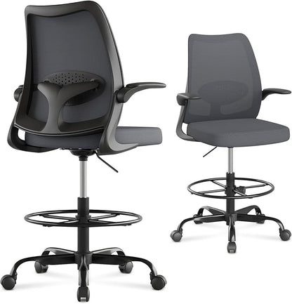 Drafting Chair,Tall Office Chair with Adjustable Footrest Ring,Lumbar Support,Ergonomic High Desk Seat,Flip-Up Armrests,Breathable Mesh Standing Stool for Home Office,Grey