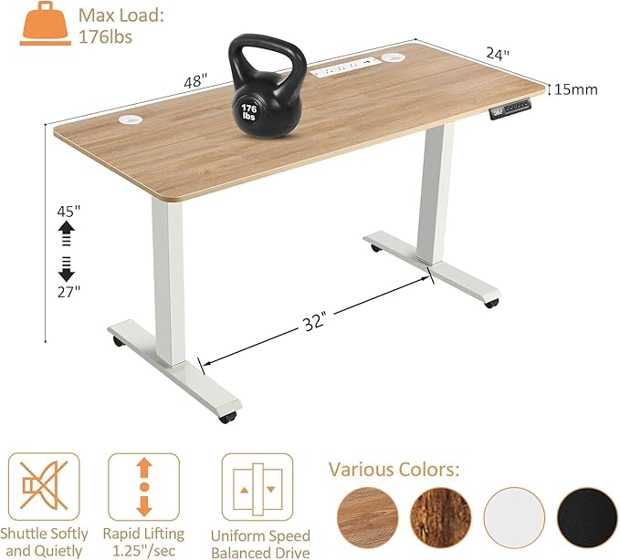 Electric Standing Desk 48 x 24 Inches Adjustable Height Sit Stand Up Desk for Home Office Computer Workstation with 2 USB Ports 3 AC Power Outlets Memory Preset and Wheels, Oak