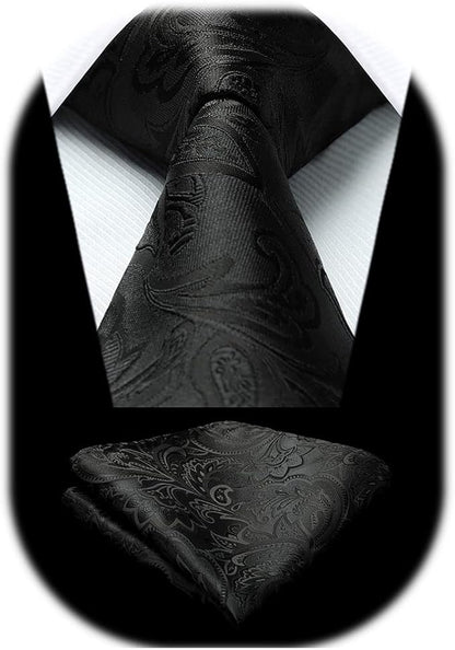 HISDERN Men Floral Ties Woven Classic 3.4" Necktie Set Formal Tie Pocket Square for Wedding with Handkerchief Gift Box