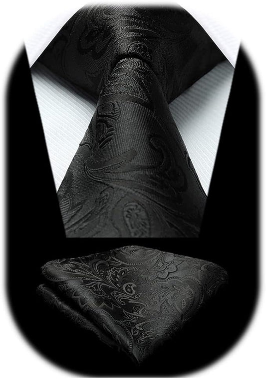 HISDERN Men Floral Ties Woven Classic 3.4" Necktie Set Formal Tie Pocket Square for Wedding with Handkerchief Gift Box
