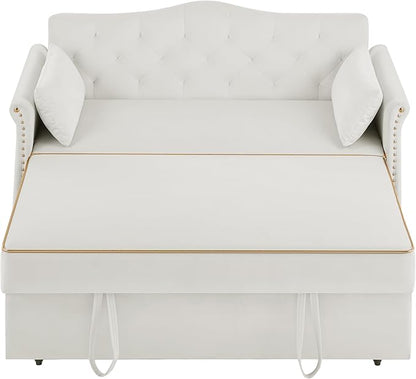 57'' Convertible Sleeper Sofa Bed with Adjustable Backrest, Chaise Lounge,2 Pillows & Side Storage Pockets – Stylish & Functional Furniture for Living Room or Small Spaces (White Sofa Bed)