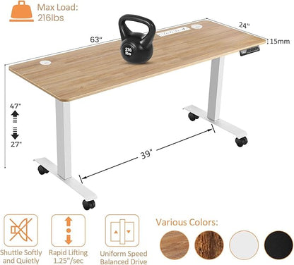 Electric Standing Desk 63 x 24 Inches Adjustable Height Sit Stand Up Desk for Home Office Computer Workstation with 2 USB Ports 3 AC Power Outlets Memory Preset and Wheels,Oak