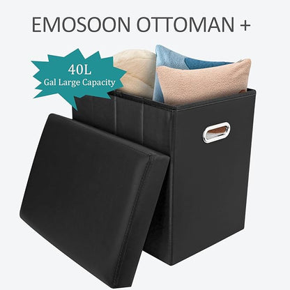 Tall Ottoman with Storage, Faux Leather Collapsible Slim Folding Ottoman Furniture with Handles Lid for Room Footrest Foot Stool, Black 16.5x16.5x11.8in