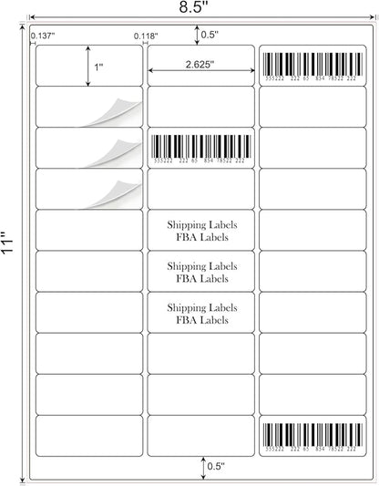 1" x 2-5/8" Address Labels 900 Labels Sticker Paper for Laser/Ink Jet Printer mailing Labels 8.5"×11" White 30 per Sheet
