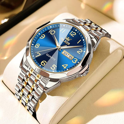 Men's Casual Stainless Steel Watch, Big Face Easy to Read Analog Quartz Watch with Day and Date, Classic Waterproof Diamond Roman Arabic Numerals Dial Dress Watch for Men, Gold Silver Black Band