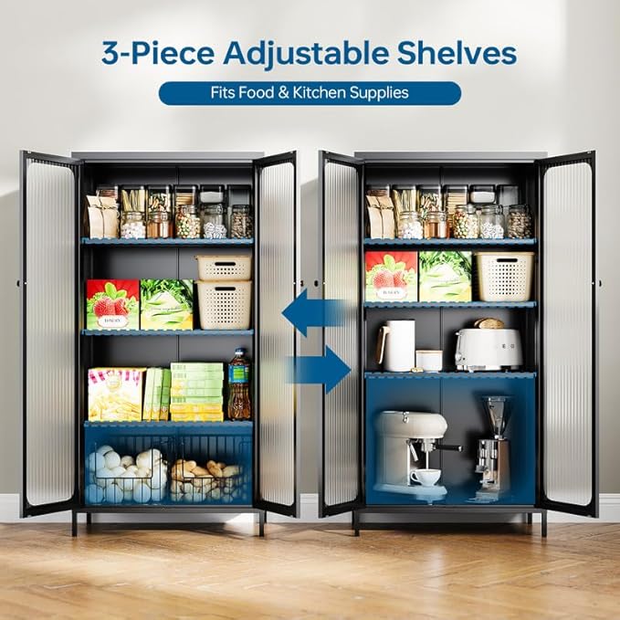 63'' Kitchen Pantry Storage Cabinet, Metal Display Cabinet with Glass Door and 3 Adjustable Shelves, Kitchen Hutch Storage Cabinet for Dining Room, Living Room, Assemble Required (Black)