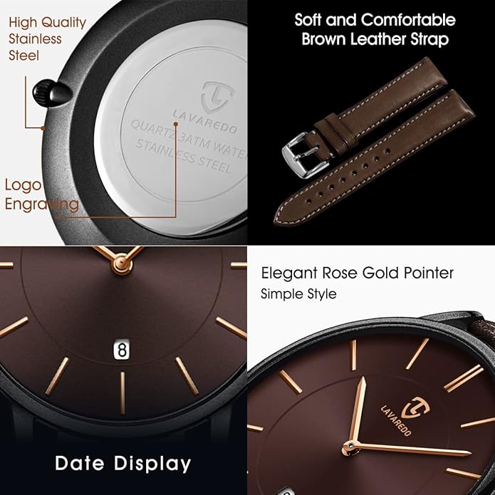 L LAVAREDO Watch for Men, Extremely Thin Mens Watches Minimalist Analog Men's Leather Wrist Watches with Time/Date, Birthday Gift for Men Boyfriend