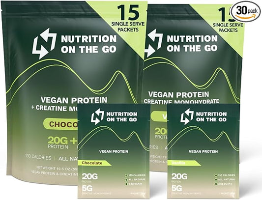Vegan Protein Powder Packets with Creatine – 20g Plant Proteins + 5g Creatine – Single-Serve Travel Protein Powder – All-Natural, Gluten-Free – Variety Pack (Vanilla & Chocolate) – 30-Pack