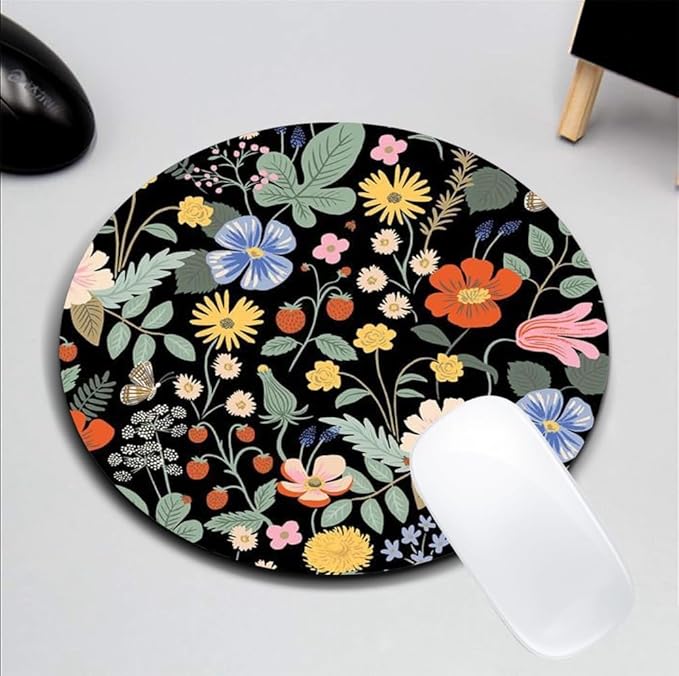 Whimsical Floral Pattern On Black Mouse Pad Round Non-Slip Rubber Mousepad Laptop Office Computer Decor Cute Desk Accessories Customized Design Mouse Pad