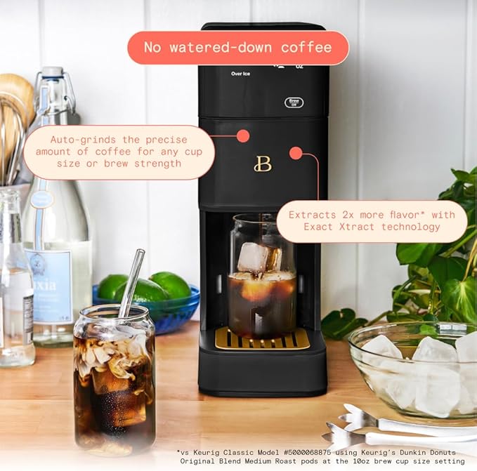 Beautiful Single Serve Coffee Maker with Built-In Burr Grinder, Hot or Iced, Pod-Free, 6 Brew Sizes, 3 Strengths, Touch Display, Reusable Filter, 64oz Reservoir, Slim Design (Black Sesame)