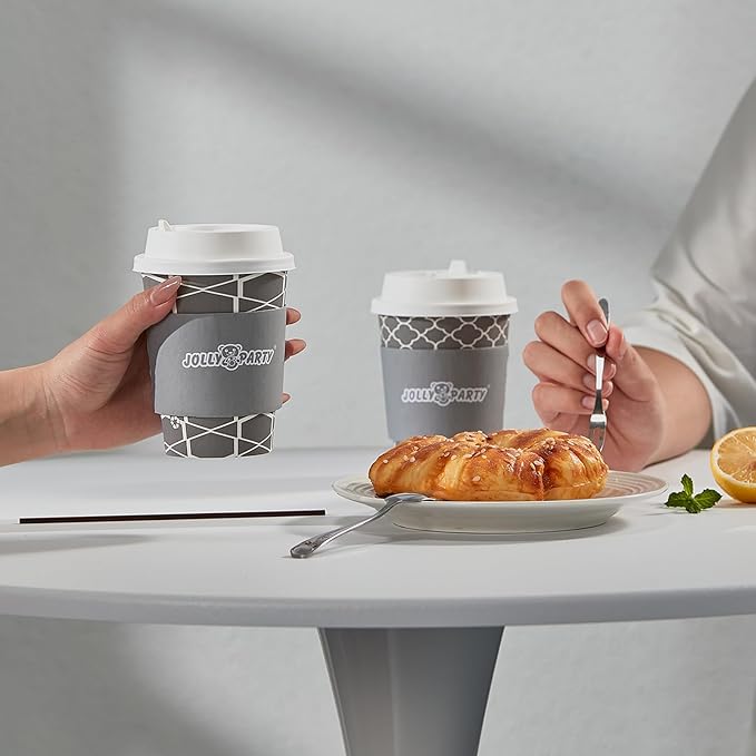 JOLLY PARTY [100 Sets] 12 oz Paper Coffee Cups, Disposable Coffee Cups with Lids, Sleeves and Straws, Hot Cold Beverage Drinking Cup for Water, Coffee or Tea, To-Go Cup Suitable for Office and Travel