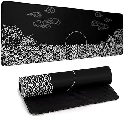 Japanese Sea Wave Gaming Mouse Pad Black Large Anime Mousepad Extended Mouse Mat 31.5''x11.8'' 3mm Thick Non-Slip Rubber Base Big Desk Pad for Office
