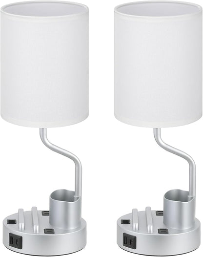 Grey Bedside Table Lamps for Bedroom Set of 2 - Nightstand Light with AC Outlet and USB A & C for Charging, 3 Color Temperatures Desk Lamp with Pen Holder & Phone Stand for Living Room/Dorm/Office