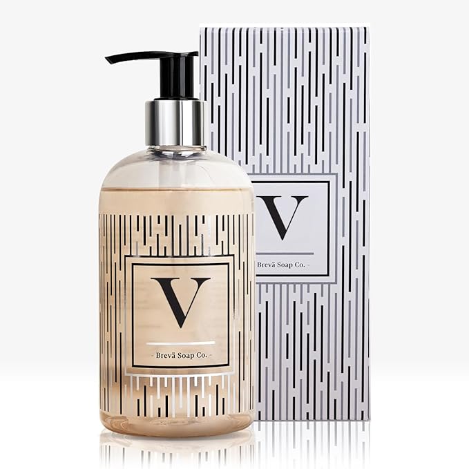 Brevä Soap Co. Monogrammed Luxury Liquid Hand Soap | Choose from Letters A to Z | Citrus Bloom Scent | Personalized Liquid Hand Wash for Bathroom & Kitchen |12 oz - Letter V