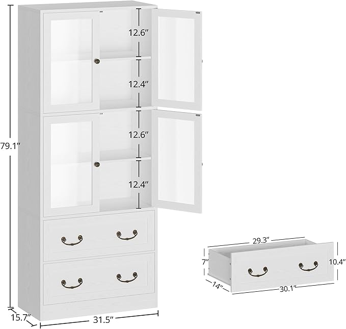 IRONCK Bookcases and Bookshelves with Doors, 79.1" Tall Bookshelf with 2 Drawers, 4-Tier Shelf with Acrylic Doors, Large Storage Cabinet for Home Office, Living Room, Kitchen