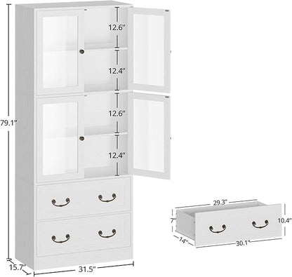 IRONCK Bookcases and Bookshelves with Doors, 79.1" Tall Bookshelf with 2 Drawers, 4-Tier Shelf with Acrylic Doors, Large Storage Cabinet for Home Office, Living Room, Kitchen