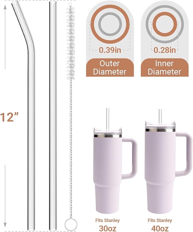 Foogwee® 20 Packs Reusable Glass Straws Set, 12'' x 10mm Clear Drinking Straws for Smoothies, Shakes, Coffee, Juice, Sodas, Milk, Tea, Cocktails, Set of 8 Straight and 8 Bent with 4 Cleaning Brushes