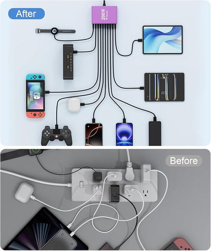 USB C Charging Station 10 Port with 4 USB Cables, 200W GaN Type C Charger Block, Wall Charger Power Strip Adapter Plug for iPad iPhone17 16 15 14 13 12 Pro Max Pixel Note Galaxy